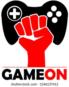 Game On Gamer Play to Win logo sign Vector controller and fist