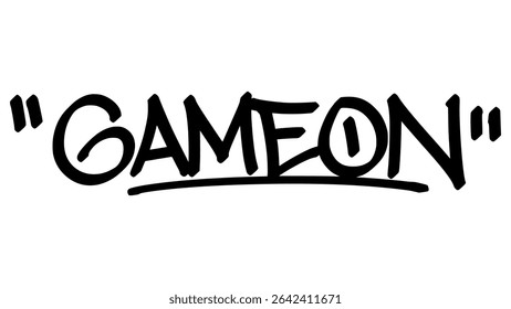 Jogo em graffiti tag em negrito preto com estilo de mão expressivo. Letras artísticas de rua vetoriais sobre fundo transparente. Excelente para temas de competição, energia e atitude urbana.
