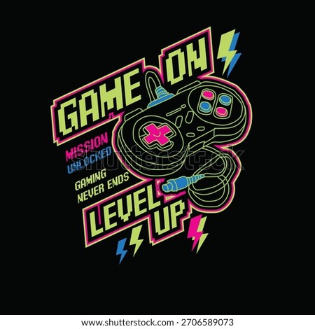 Game On level up neon console typography lettering vector graphic poster