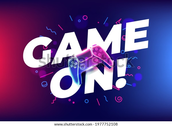 Game on, Neon game controller or joystick for
game console on blue
background.