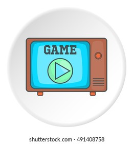 Game on retro TV icon in cartoon style on white circle background. Play symbol vector illustration