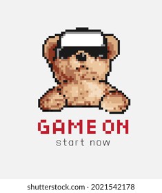 game on slogan with bear toy in  VR headset pixel graphic vector