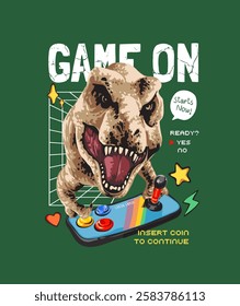 game on slogan with dinosaur playing vintage arcade game vector illustration