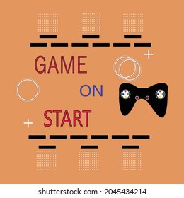 Game on start. Gaming logo , design template.  Vector design, cartoon illustration with controller. For kids playing.