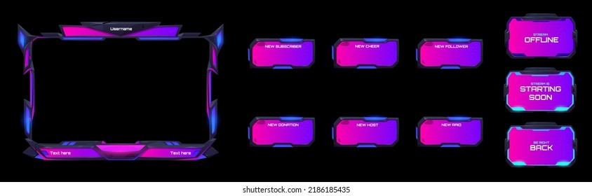 Juego en línea con tramas y paneles de estilo futurista. Conjunto de dibujos animados vectores de pantallas de vídeo superpuestas en directo y barras de menú aisladas en el fondo negro