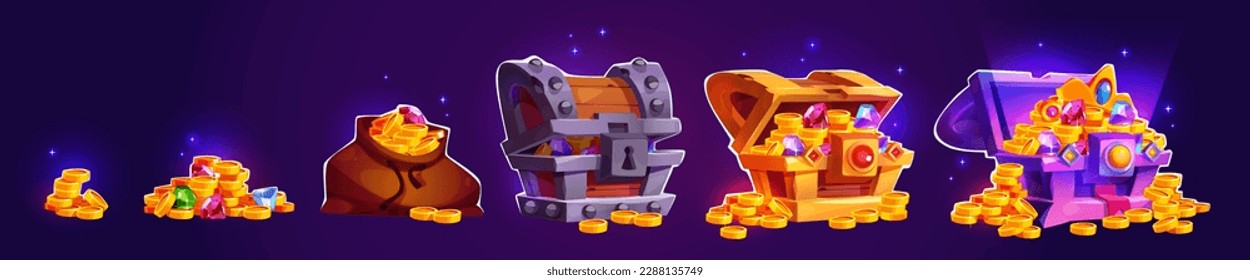 Game open pirate treasure chest with gold coin icon set. Money box with golden money stack ui store interface asset. Magic loot or bonus reward collection. Mystery wealth object with gem and diamond