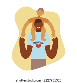 Game with orphans concept. Male volunteer with a child on his shoulders in a shelter and spend time with them. Charity and donations. Cartoon flat vector illustration isolated on white background