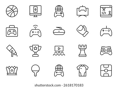 Game outline icon set. Gaming icon elements containing points and life bars, console, player, chess, multiplayer, casino and mobile game icons. outline icon set.