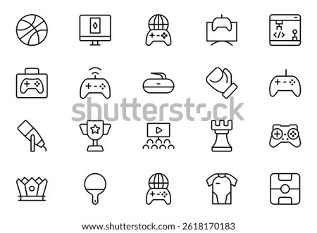 Game outline icon set. Gaming icon elements containing points and life bars, console, player, chess, multiplayer, casino and mobile game icons. outline icon set.