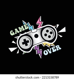 Game Over, 70s Style Awesome Gaming Design With Controller For T-shirt And Other Uses. Colorful Retro Design, Typography Print, Vector Illustration.