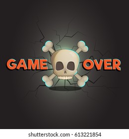 Game over abstract vector game and web background, scull and bones. Loose game fail screen with cracks and decay on background.