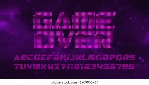 Game Over Alphabet Font. Digital Letters And Numbers. Pixel Background. 80s Arcade Video Game Typescript.