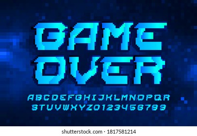 Game Over alphabet font. Glitch letters, numbers and symbols. Pixel digital background. 80s arcade video game typescript.