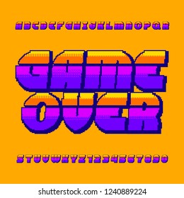 Game over alphabet font. Pixel gradient letters and numbers. 80s retro arcade video game typescript.