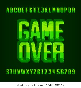 Game Over alphabet font. Pixel letters, numbers and symbols. Retro 80s arcade video game typescript.