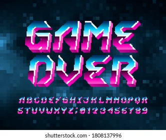 Game Over alphabet font. Pixel letters, numbers and symbols. Digital background. 80s arcade video game typescript.