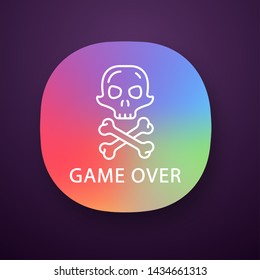 Game over app icon. Virtual video game end, failure. Skull with crossbones. Esports, cybersports sign. Game fail, loser. UI/UX user interface. Web or mobile application. Vector isolated illustration