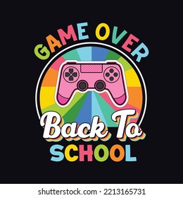 Game Over Back To School... Awesome Retro Style Gaming Design With Pink Controller For T-shirt And Other Uses. Colorful Creative Design, Typography Print, Vector Illustration.