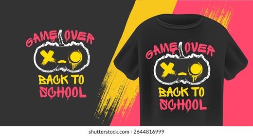 Game Over Back to School T-Shirt Design Vector: Stylized Pink and White Gaming Controller with Grunge Texture on Black Background, Ideal for Students and Youth