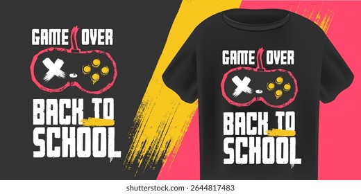 Game Over Back to School T-Shirt Design Vector Stylized Pink and White Gaming Controller with Grunge Texture on Black Background, Ideal for Students and Youth. Back to school merch