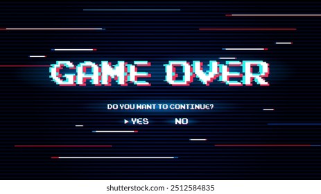 Juego sobre fondo, pantalla de dispositivo de píxeles de fallo. Pixel Game Over, 8-bit Pixel Game Over.	
