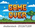 Game over background. Pixel 8 bit banner for retro video game screen. Vintage Landscape with trees and sky for arcade platformer game. Retro vector illustration in pixel art style