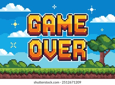 Jogo sobre fundo. Banner Pixel de 8 bits para tela de videogame retrô. Vintage paisagem com árvores e céu para jogo de plataforma arcade. Ilustração de vetor retrô no estilo pixel art