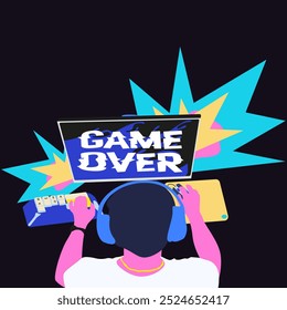 Game Over background. Game streamer vector flat poster. Concept cyberspace technology. Flat retro design concept of game sport. For game assets in vector illustrations