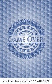 Game Over blue emblem or badge with abstract geometric polygonal pattern background.