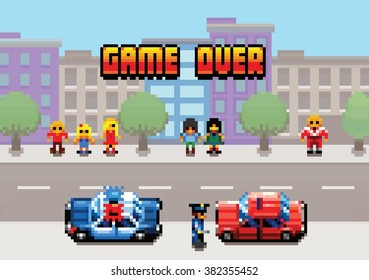 Game Over - Auto angehalten von der Polizei Pixel Art Videospiel Stil Retro-Layer-Illustration