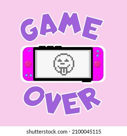 Game over cartoon vector illustration with pink game and watch retro controller and pixel smile. Gamer quote flat style design for poster, print, card, sticker etc. Vintage game controller design.