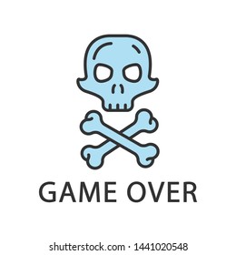 Game over color icon. Virtual video game level end, finish, failure. Skull with crossbones. Esports, cybersports sign. Computer game fail, loser. Cybersport. Isolated vector illustration