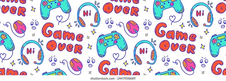 Spiel über Farbmuster. Hand gezeichnete Doodle Gamepad, Kopfhörer. Spielemusiken, Streamkanal-Hintergrund. Spielemusiken und Streamkanal-Hintergrund. Gadget-Symbole Gaming-Print für Jungen und Mädchen. Vektorillustration