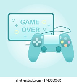 Game over concept. Controller with the game over background on the tv screen. Vector illustration