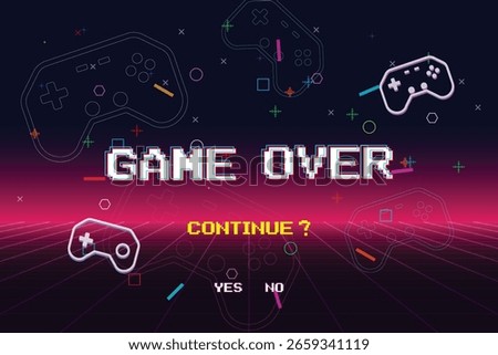 Game Over. continue. Modern trendy game background with lighting effect. Vector illustration