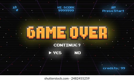 Game over continue.pixel art .8 bit game.retro game. for game assets in vector illustrations.Retro Futurism Sci-Fi Background.