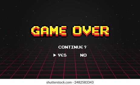 Game over continue.pixel art .8 bit game.retro game. for game assets in vector illustrations.Retro Futurism Sci-Fi Background.	