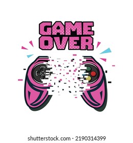 Spiel vorbei. Kreatives Typografisches Videospiel mit rosafarbener Spielerkonsole und Grunge-Effekt-Design für T-Shirt und andere Anwendungen. Typografie-Druck, Vektorgrafik