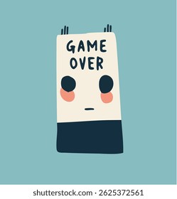Game Over, Cute monster robot character vector illustration drawing minimalist 2d art fun retro style vintage computer video game graphics for kids in blue, black and pink, simple design