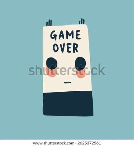 Game Over, Cute monster robot character vector illustration drawing minimalist 2d art fun retro style vintage computer video game graphics for kids in blue, black and pink, simple design