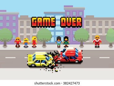 Game Over - damaged cars after collision in the city, pixel art layers illustration svg