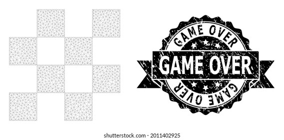 Game Over dirty seal print and vector chess cells mesh structure. Black stamp seal has Game Over caption inside ribbon and rosette. Abstract 2d mesh chess cells, built from polygonal grid.