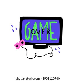 Game over. Doodle hand drawn tv, joystick and lettering, bright modern cartoon video game concept, gamepad for console or pc, t-shirt print or poster, gamer geek vector isolated illustration