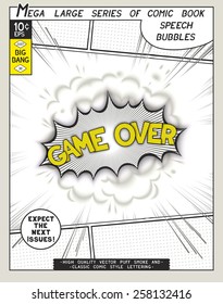 Game over. Explosion in comic style with lettering and realistic puffs smoke. 3D vector pop art speech bubble