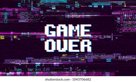 Game over fantastic computer background with glitch noise retro effect vector screen. Game over pixel display, video computer text illustration