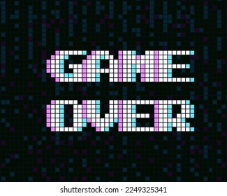 Game over fantastic computer background with glitch noise. Three color half-shifted letters effect. Pixel inscription.