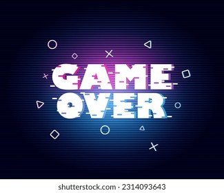 Game over fantastic computer background with glitch noise. Three color half-shifted letters effect. Pixel inscription.