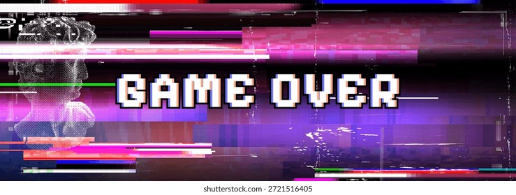 Juego sobre fondo de computadora fantástico con pantalla de Vector Video de efecto retro de ruido de falla, pantalla de píxeles, ilustración de texto de computadora, fondo de error digital Abstractas, diseño futurista Cyberpunk
