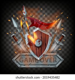 Game Over Final Badge, Battle End Sign, Medieval Wooden Shield, Spear, Sword, Fire Sparkles, Burning Banner. UI Fantasy Defeat Logo, Lose Label, Warrior Armor On Transparent Background. Game Over Icon