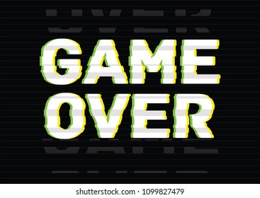 Game Over final phrase, message, inscription or lettering written with creative font on black background with damaged video effect, electronic glitch or digital noise. Modern vector illustration